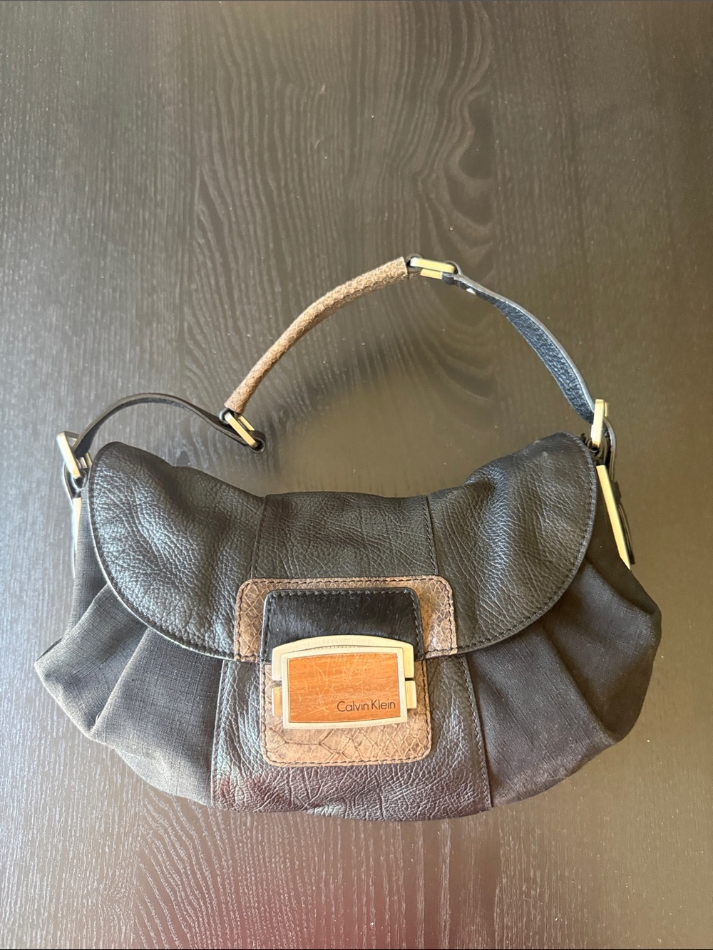 Calvin Klein Black Shoulder Bag with Brown Accent Plaque